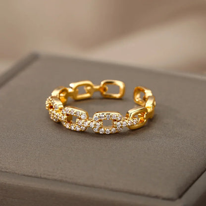 Crystal-Embellished Golden Chain Link Ring