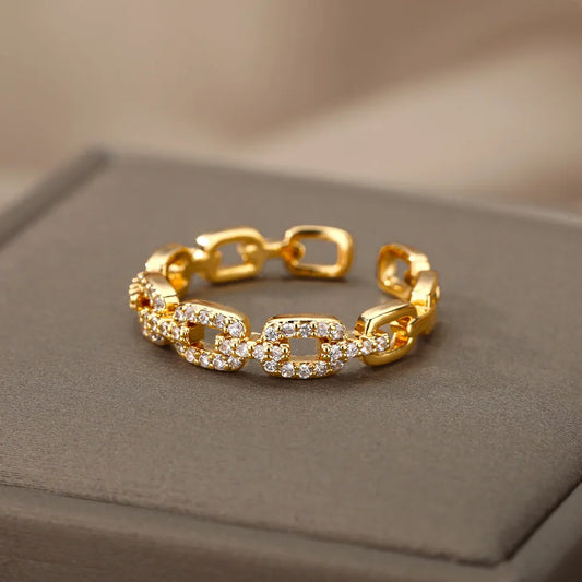 Crystal-Embellished Golden Chain Link Ring