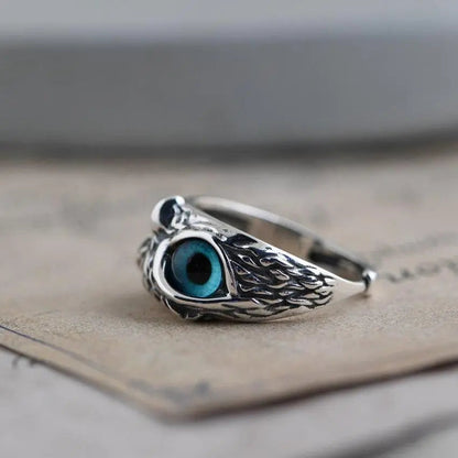 Adjustable Silver Ring Featuring Opal and Lucky Owl Design