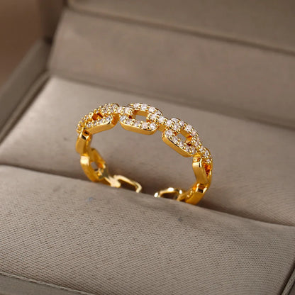 Crystal-Embellished Golden Chain Link Ring