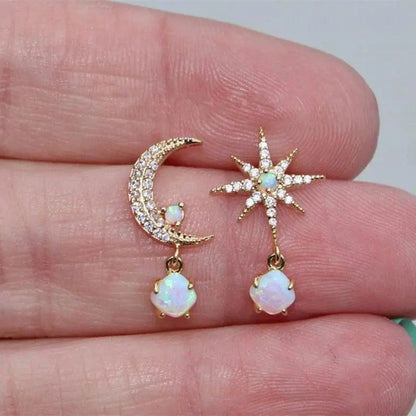 Gold and Opal Moon & Star Earrings