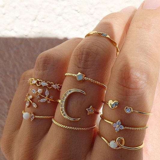 10-Piece Boho Ring Collection in Silver and Gold