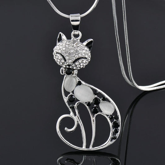Silver Cat Love Necklace Adorned with Zirconia