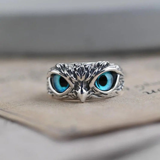 Adjustable Silver Ring Featuring Opal and Lucky Owl Design