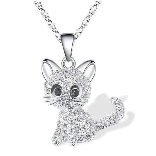 Silver Kitten Necklace with Colorful Zirconia Accents
