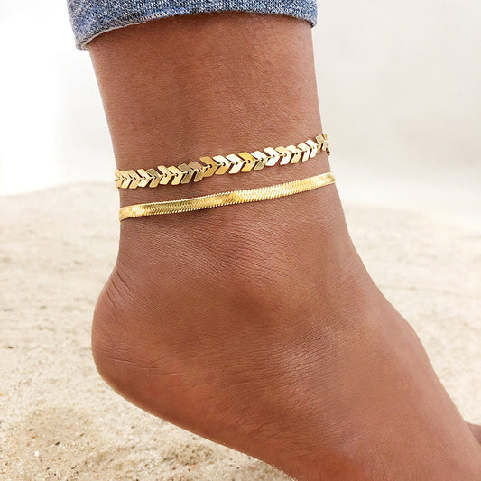 Set of 2 Gold Anklets: Chevron & Herringbone Designs