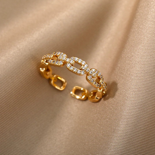 Crystal-Embellished Golden Chain Link Ring