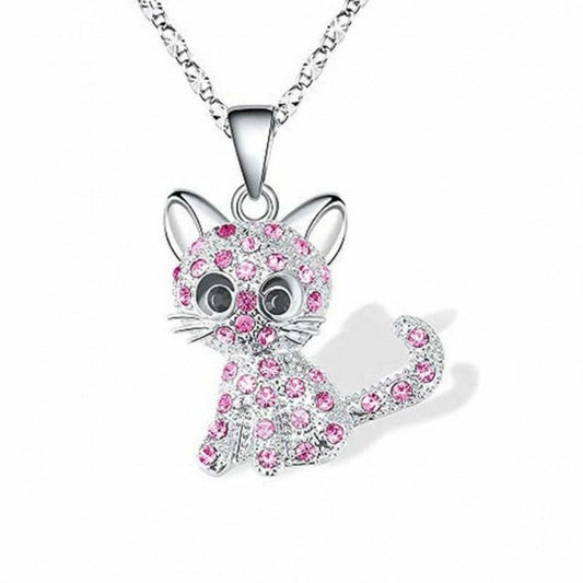 Silver Kitten Necklace with Colorful Zirconia Accents