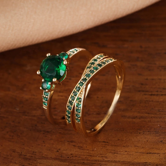 Limited Edition Gold Ring Set Featuring Green Crystals