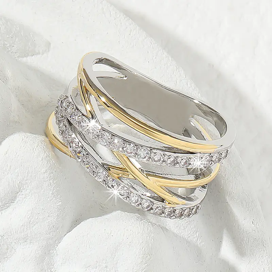 Dual-Tone Gold and Silver Ring Adorned with Dazzling Zirconia