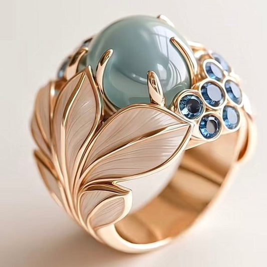 Gold Leaf Ring with Greenish Stone Accent