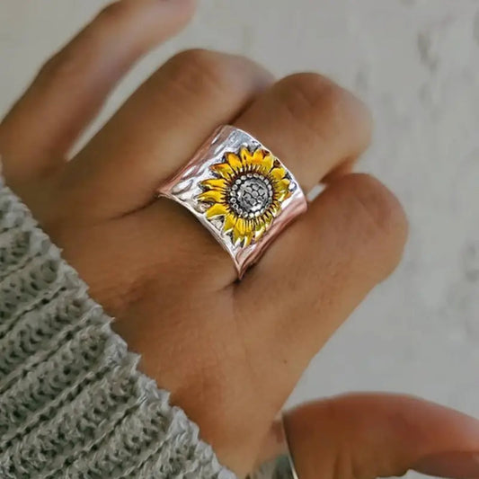 Silver Ring with Sunflower Trail Design