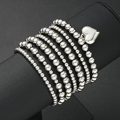 Set of 7 Silver Heart Charm Beaded Bracelets