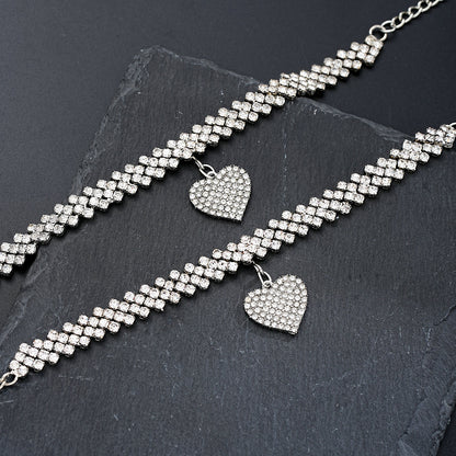 Set of 2: Rhinestone Heart Anklet and Bracelet