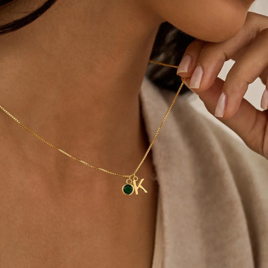Delicate Initial and Birthstone Pendant Necklace