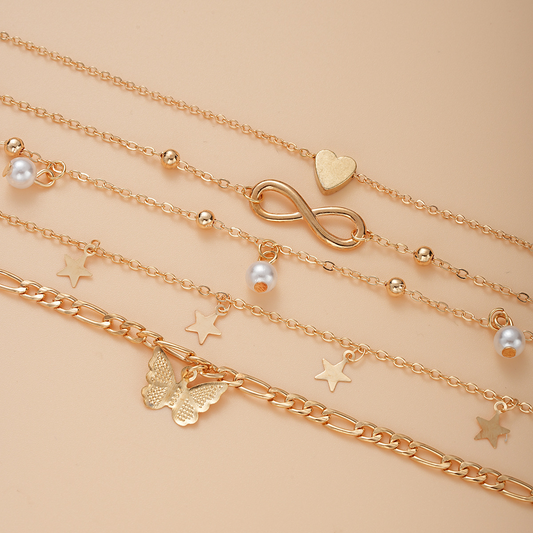 Set of 6 Gold Charm Anklets