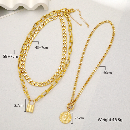 Set of 3 Coin & Lock Pendant Chain Necklaces