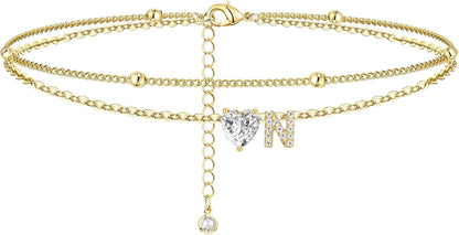 Initial Anklet with Gold Heart Charm
