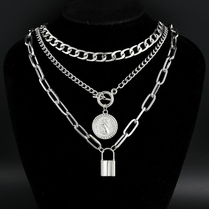 Set of 3 Coin & Lock Pendant Chain Necklaces