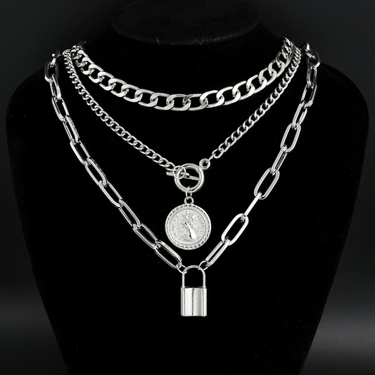 Set of 3 Coin & Lock Pendant Chain Necklaces