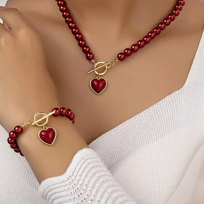 SET OF 2 RED PEARL HEART JEWELRY PIECES