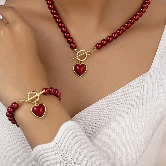 SET OF 2 RED PEARL HEART JEWELRY PIECES