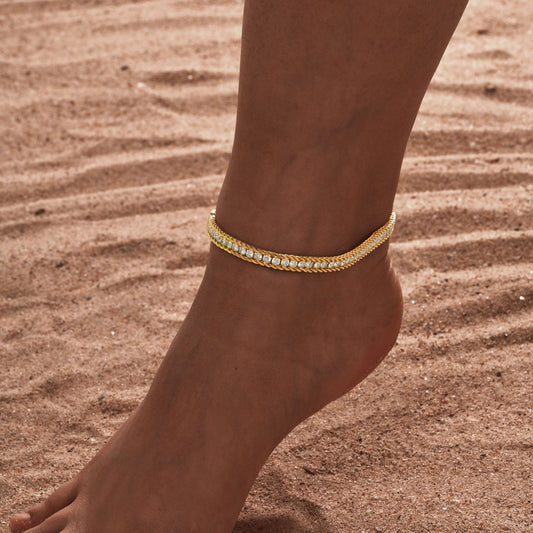 Set of 2 Crystal-Embellished Gold Chain Anklets