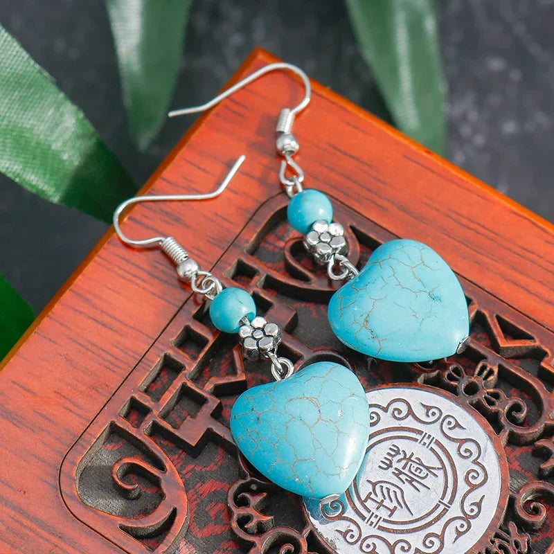 Vintage Turquoise Heart-Shaped Drop Earrings