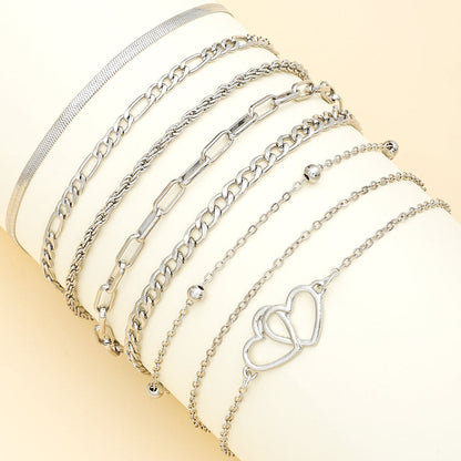 7-Piece Bohemian Double Heart Anklet Collection