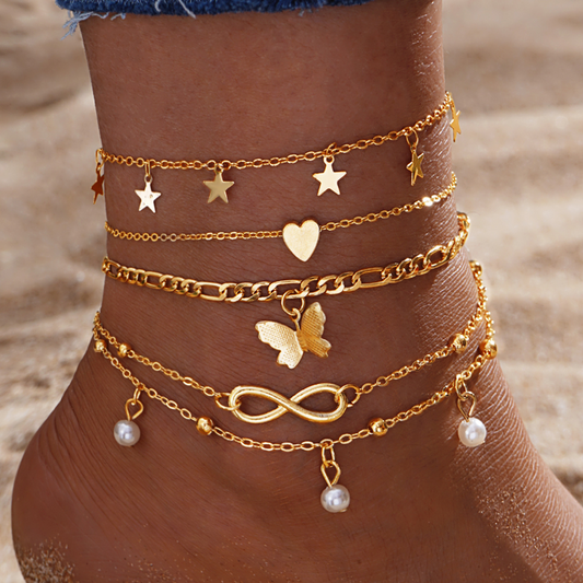 Set of 6 Gold Charm Anklets