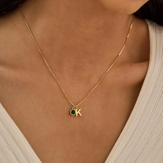 Delicate Initial and Birthstone Pendant Necklace