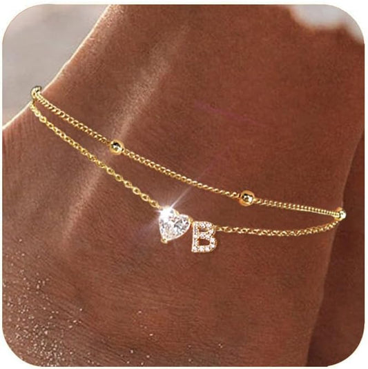 Initial Anklet with Gold Heart Charm