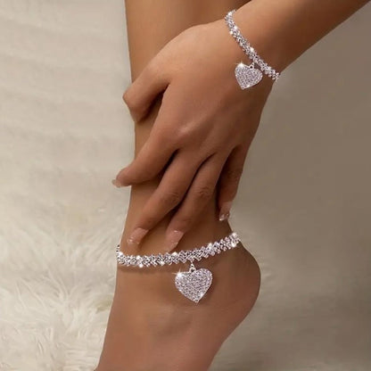 Set of 2: Rhinestone Heart Anklet and Bracelet
