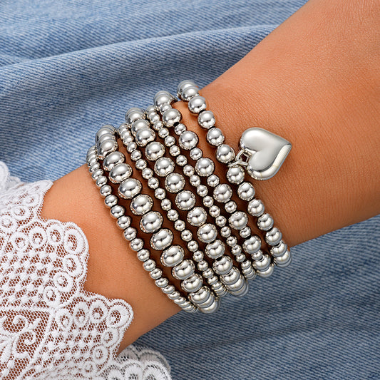 Set of 7 Silver Heart Charm Beaded Bracelets