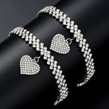 Set of 2: Rhinestone Heart Anklet and Bracelet