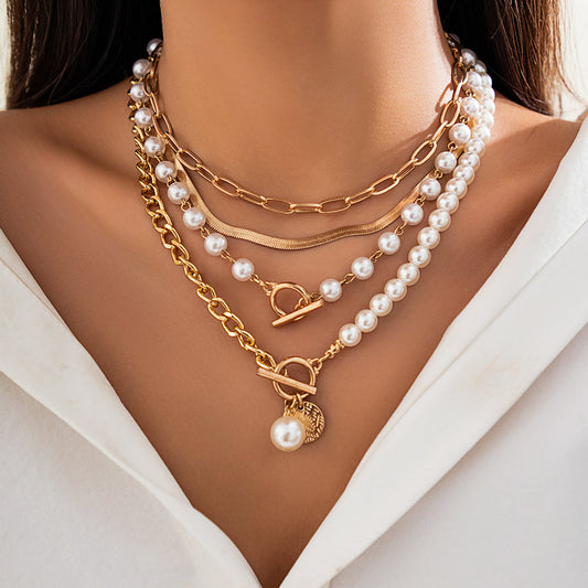 5pc Pearl & Chain Layered Necklace Set