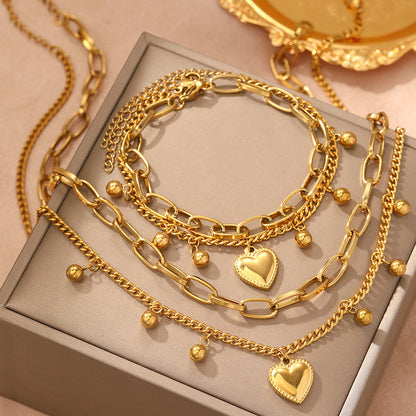 Stainless Steel Heart Bead Necklace & Bracelet Set