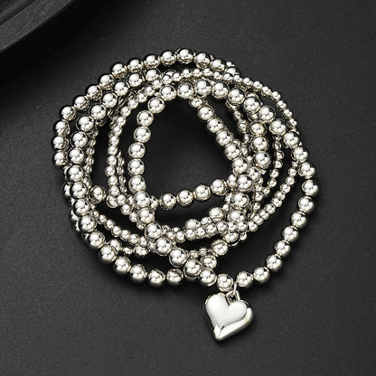Set of 7 Silver Heart Charm Beaded Bracelets