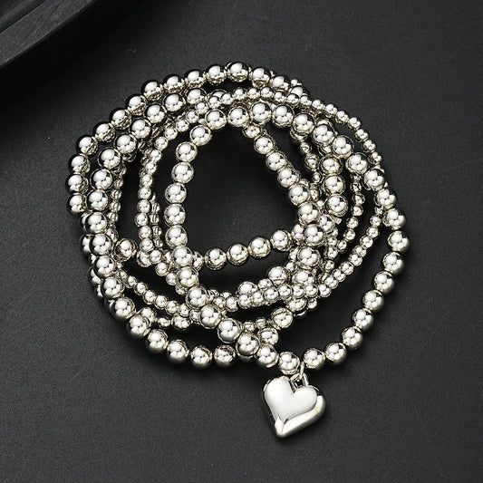 Set of 7 Silver Heart Charm Beaded Bracelets