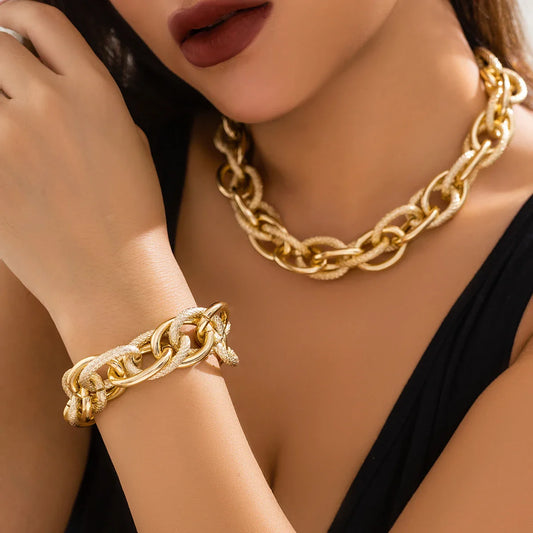 Chunky Woven Dual Chain Bracelet and Necklace Set