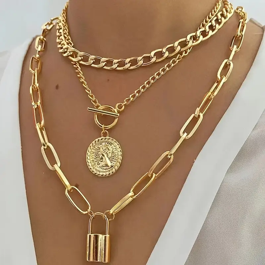 Set of 3 Coin & Lock Pendant Chain Necklaces