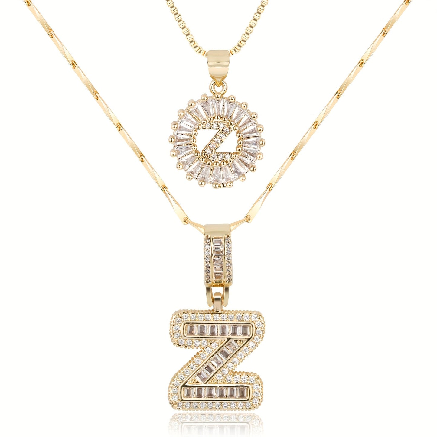 Set of 2 - 14k Gold Initial Necklaces with Diamonds