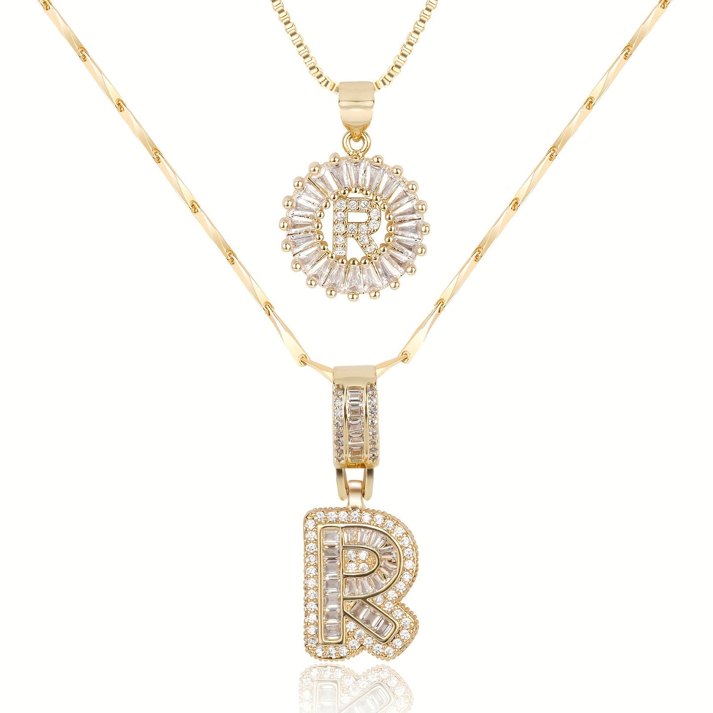 Set of 2 - 14k Gold Initial Necklaces with Diamonds