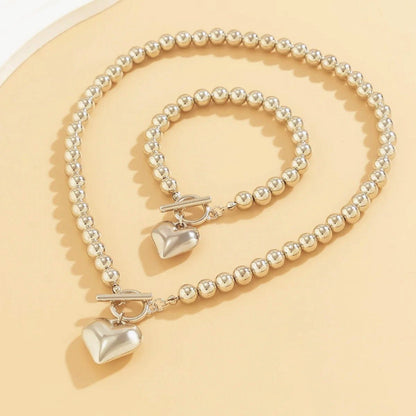 Heart-Shaped Beaded Pendant Bracelet and Necklace Duo