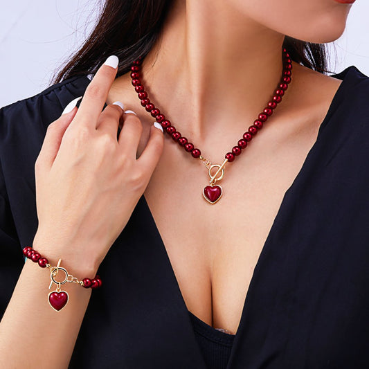 Heart-Shaped Beaded Pendant Bracelet and Necklace Duo