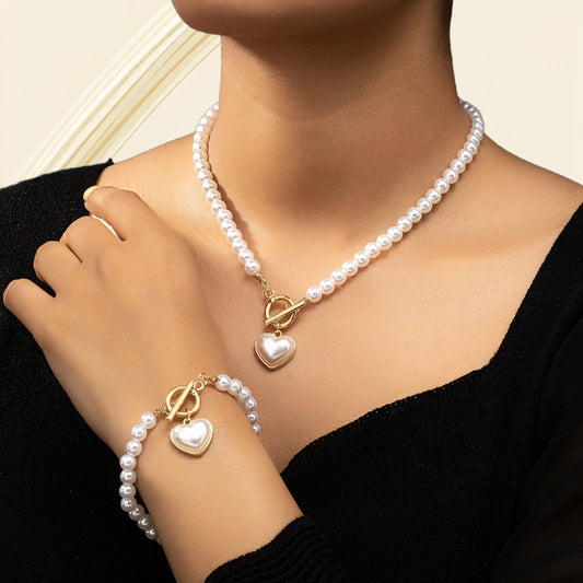 Heart-Shaped Beaded Pendant Bracelet and Necklace Duo