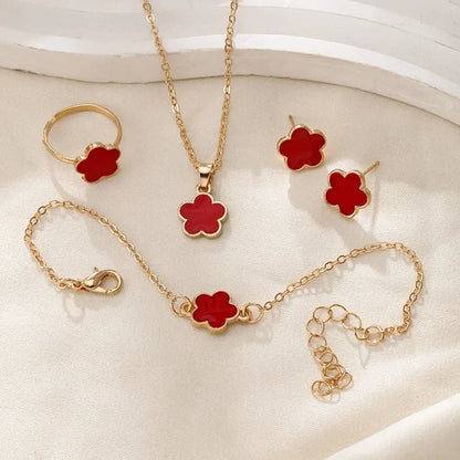 Delicate Floral Clover Jewelry Set: Necklace, Bracelet, Earrings, and Rings