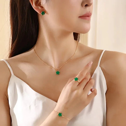 Delicate Floral Clover Jewelry Set: Necklace, Bracelet, Earrings, and Rings