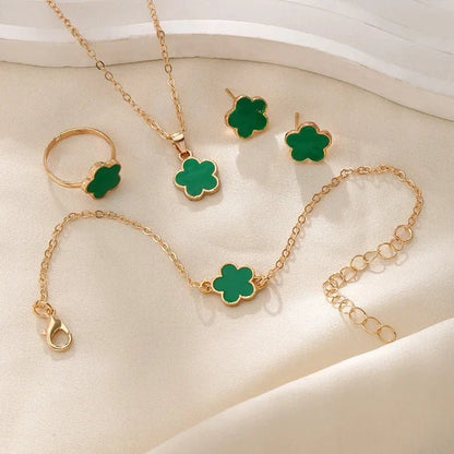Delicate Floral Clover Jewelry Set: Necklace, Bracelet, Earrings, and Rings