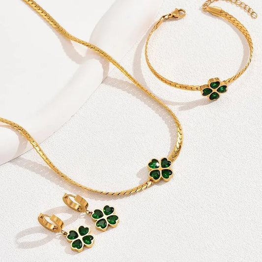 Emerald Four-Leaf Clover Jewelry Set: Necklace, Bracelet, and Earrings